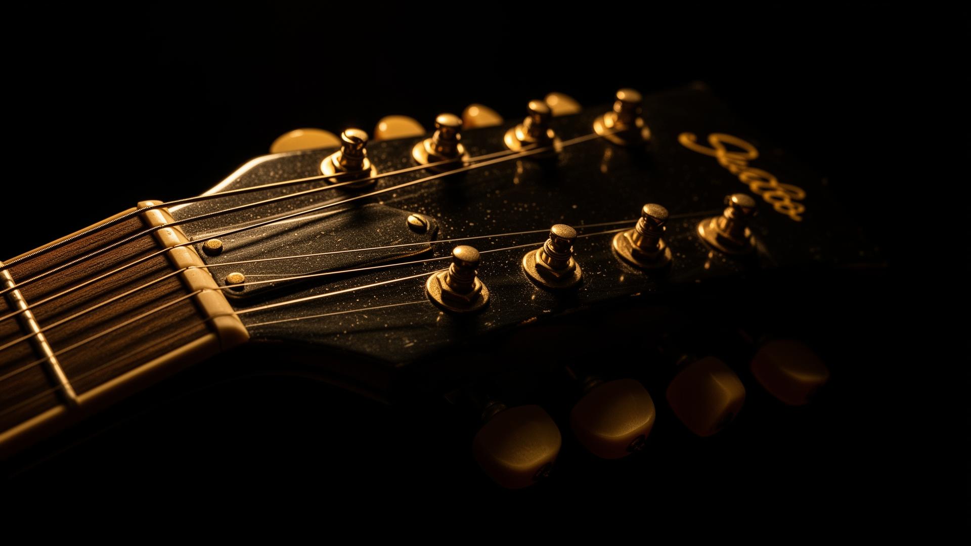 Vintage guitar headstock with golden tuning pegs